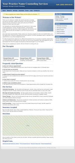 A typical older practice website on a phone: a tiny desktop page with small text and no way to book online
