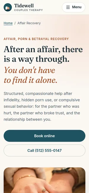 The Affair Recovery page on a phone: “After an affair, there is a way through.”